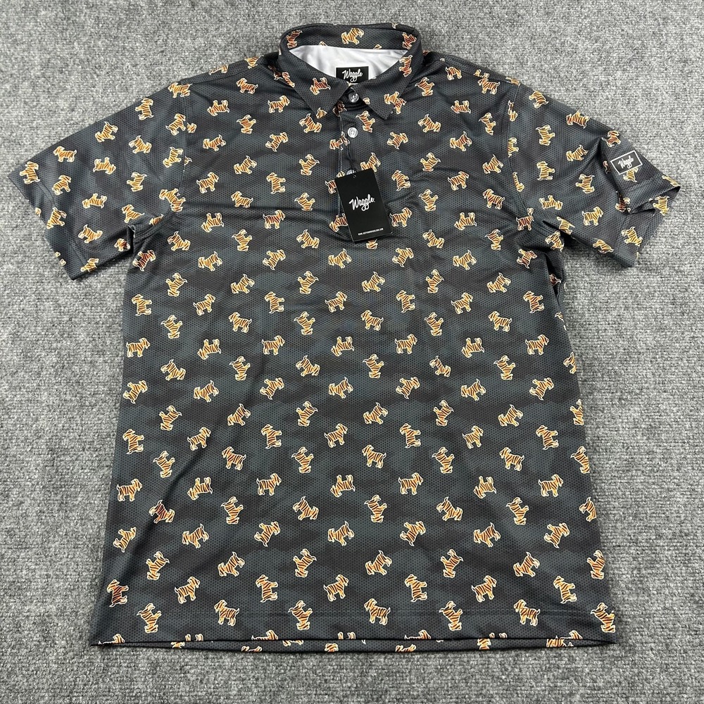 Waggle Polo Shirt Mens‎ Large Gray Tiger Dog Print GOAT Golf Performance Stretch